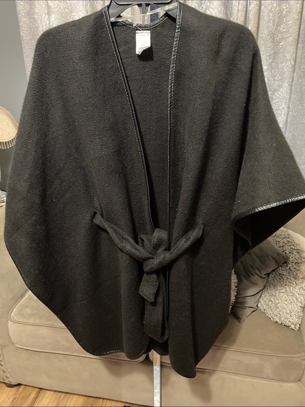 Women's Black Tie-Waist Cape Coat